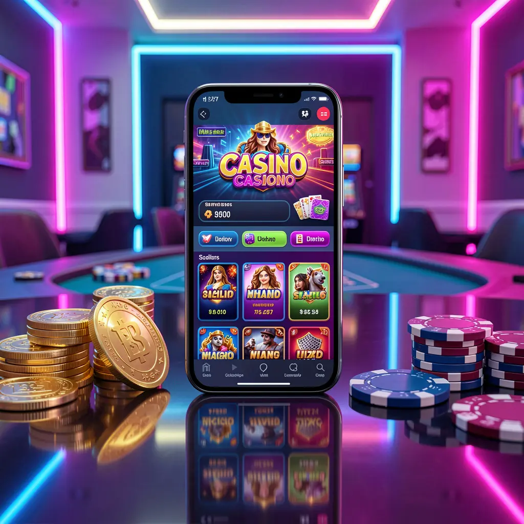 Dasbor kasino seluler KA789 di ponsel pintar yang menampilkan antarmuka permainan berwarna-warni dengan koin emas dan chip poker di atas meja mengilap di bawah pencahayaan neon yang elegan