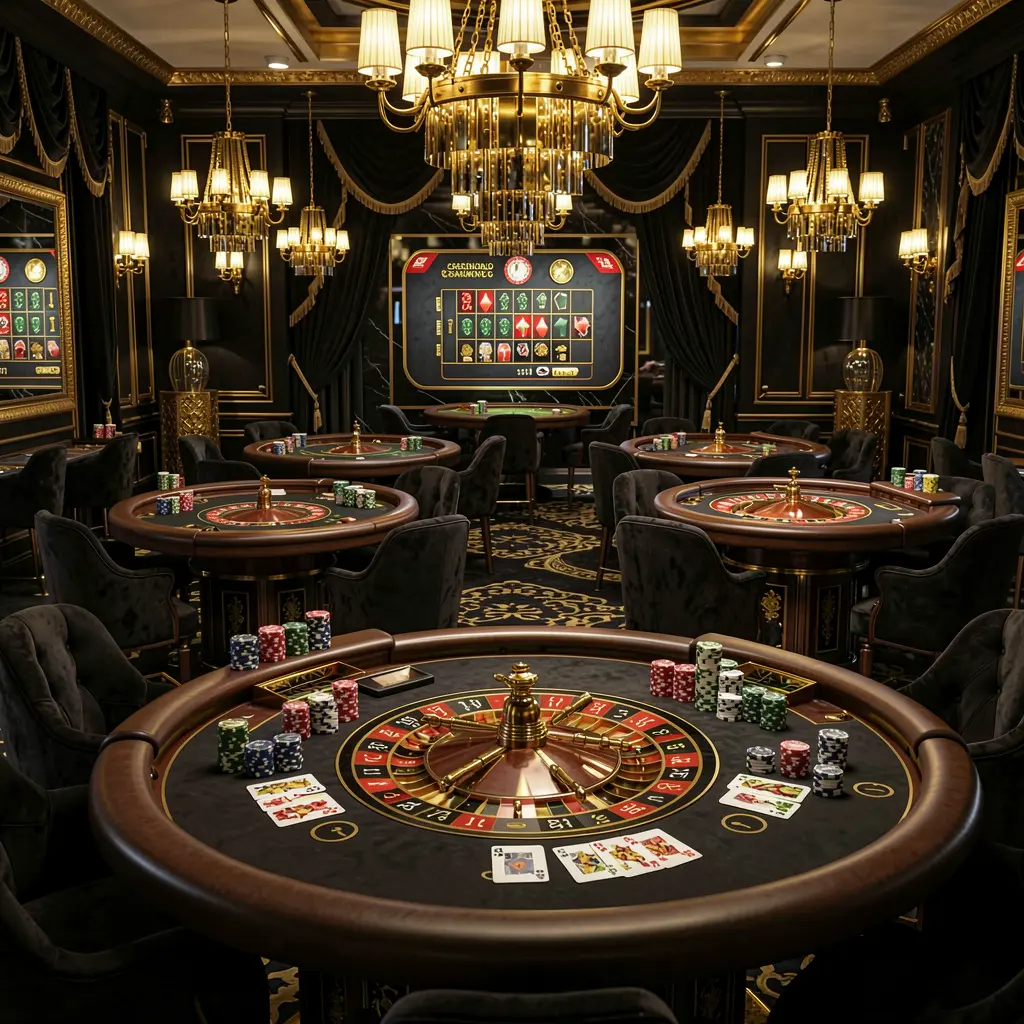Lobi kasino daring mewah KA789 dengan meja roulette bercahaya, lampu keemasan, chip poker, dan kartu dalam desain premium hitam dan emas