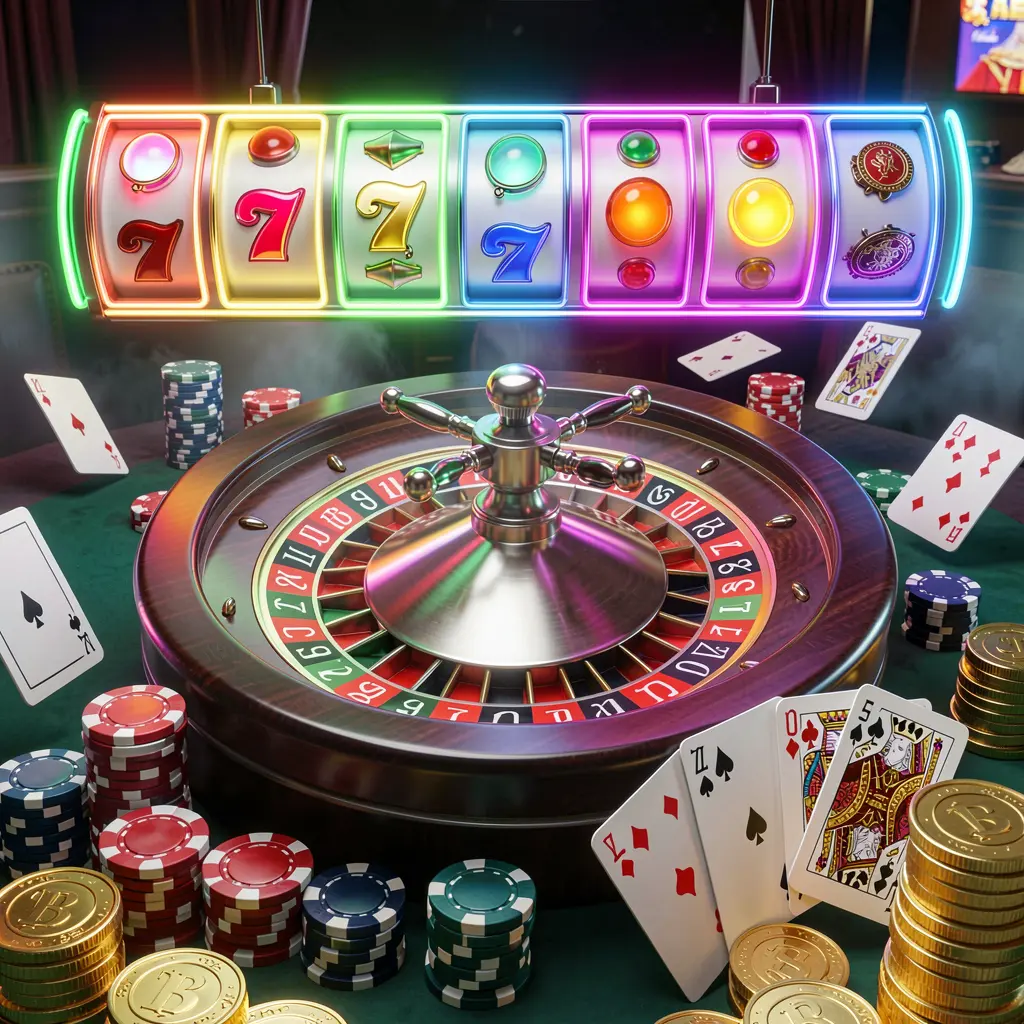 Visual beranda kasino KA789 yang menampilkan render 3D realistis dari roda roulette, chip poker, kartu, koin emas, dan lampu jackpot dengan cahaya neon terang dalam komposisi dinamis